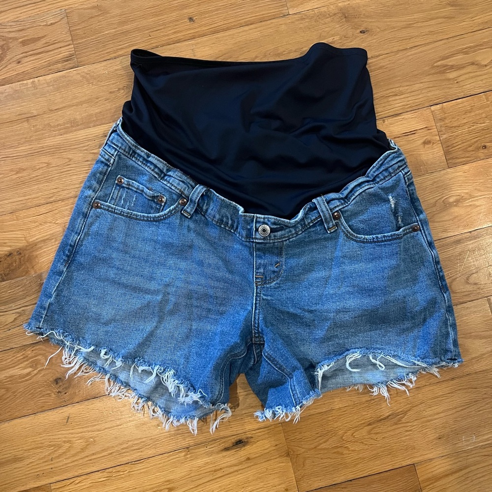 Abercrombie & Fitch Denim Maternity Jean Shorts in Blue with Black Panel